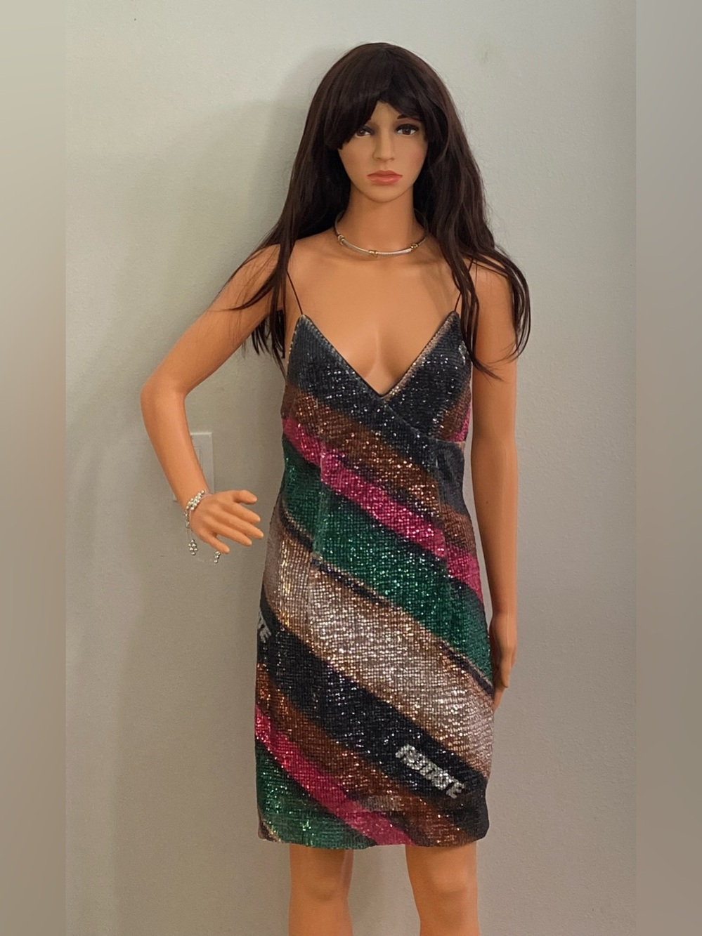 NEW ROTATE BIRGER CHRISTENSEN SEQUINED MULTICOLOR STRIPE SLIP MINI DRESS